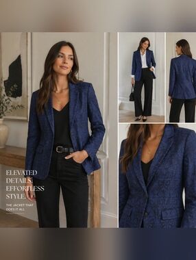Sz Medium (Chico's Size 1) Chico's Blue/Black Brocade Blazer